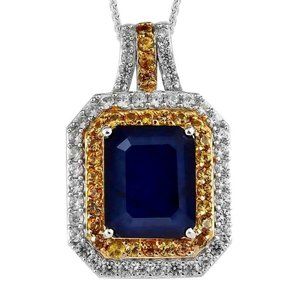 Deep Blue Sapphire Yellow Sapphire & Zircon halo pendant in 14K YG & Plat/SS 20"